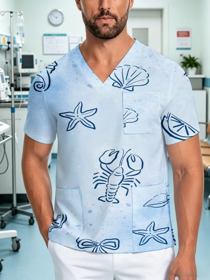 Men’s Light Blue Ocean Print V-Neck Scrub Top